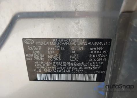 2021 Hyundai Santa Fe Sel from USA, damaged, VIN 5NMS24AJ4MH353199